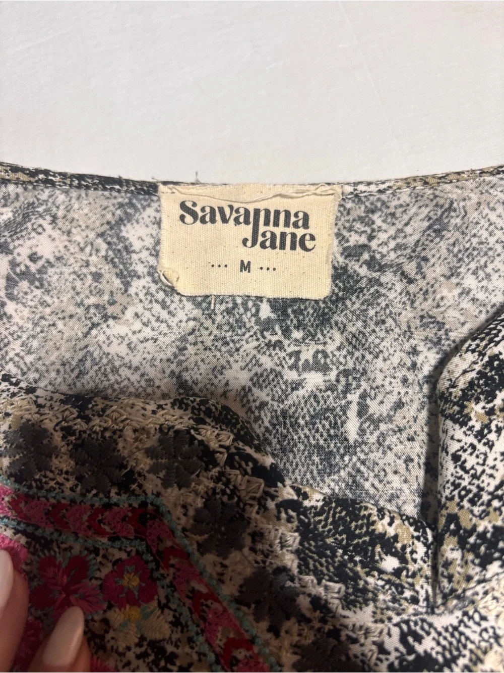 Savanna Jane Snake Print Floral Embroidered Blouse Boho Bell Sleeve Top M